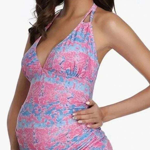 Summer Mae Other - Summer Mae Maternity Halter Top Bathing Suit Tankini Top Pink Blue Size XLarge